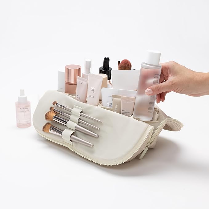 THE VERTI-Vertical Waterproof Makeup & Toiletry Bag | 23-Pocket Organizer with Upright, Fold-Down Design for Skincare, Toiletries & Essentials (Shell, Medium)