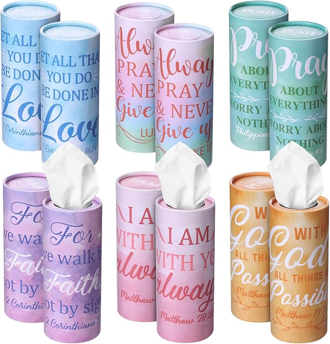 Outus 12 Pcs Christian Car Tissues Cylinder Holder with 3 Ply Facial Tissue Bulk Watercolor Religious Tissue Holder Travel Tissues Boxes Container for Home Mother's Gift for Church Ladies