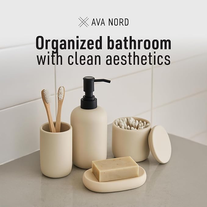 Ceramic Bathroom Accessories Set 4 Pcs – Modern Scandinavian Neutral Bathroom Soap Dispenser Set with Toothbrush Holder, Soap Dish & Cup – Minimalist Bathroom Accessory Set Decor - Cream/Light Beige