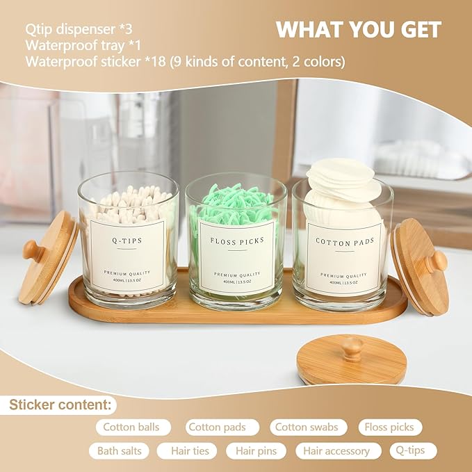 3 Pack Qtip Holder - Bathroom Organizers and Storage, Cotton Round Pad Swab Holder Dispenser Floss Pick Holder with Tray, Glass Apothecary Jars with Lids, Cotton Ball Container - Clear