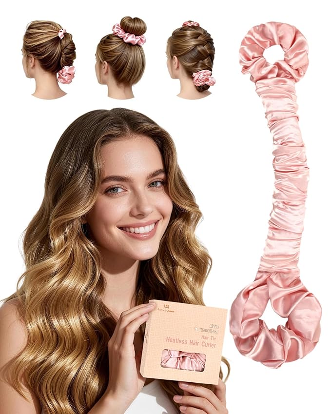BONNET QUEEN Satin Heatless Hair Curler, Overnight Curls for Long Hair, ultra soft Heatless Curling Rod & 2 Scrunchies,Damage-Free Styling, Soft Hair Curlers for Overnight Use(Pink)