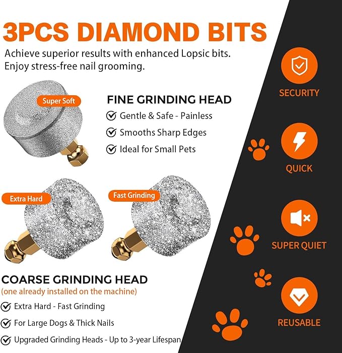 Whisper Quiet Dog Nail Grinder with LED Light, Safe & Stress-Free for Sensitive Dogs of All Breeds & Sizes, 3 Grinding Bits, 3-Speed, Pet Nail Trimmers, Rechargeable Painless Grooming Kit White