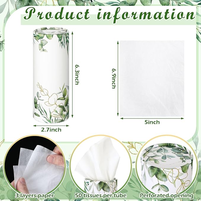 12 Pack Car Tissue Cylinder Holder Bulk with 3 Ply Facial Tissues, Round Napkin Holders for Car Cup Holder Cylinder Travel Paper Tubes Bulk Round Napkin Boxes Packs(Eucalyptus)