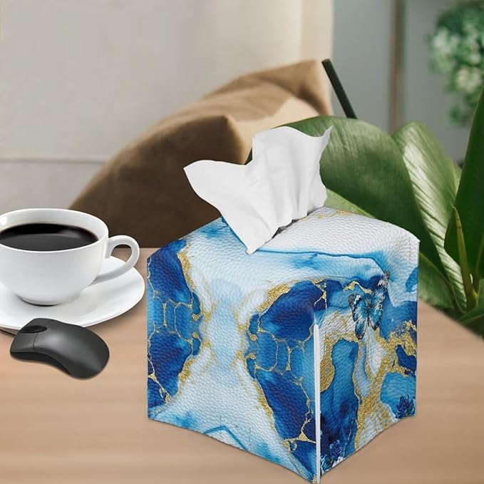 Blue Marble Butterfly Modern Tissue Box Holder, Waterproof Square PU Leather Napkin Case with Metal Button Closure, Decorative Tissue Cover Organizer for Vanity, Desk, Car, and Living Room
