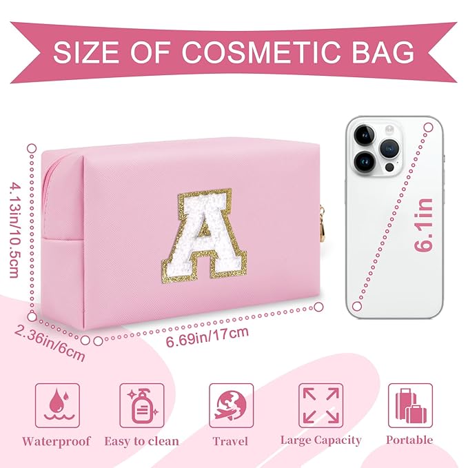 Personalized Initial A-Z Preppy Patch Makeup Bag,Small PU Chenille Letter Cosmetic Bag with Zipper for Teen Girls,Pink Cute Toiletry Organizer Bag,Monogram Makeup Case Gift for Women Girls,Letter A