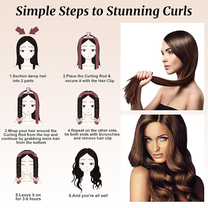 Heatless Curls Overnight,Hair Curlers to Sleep In,No Heat Satin Curling Rod Set Rollers,Sleeping Blowout Headband, Foam Curly Tie Ribbon Styling Tool for Long Hair