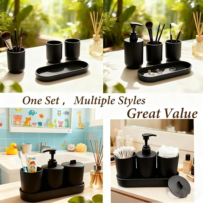 LGURT-4-piece Bathroom Accessories Set, with Toothbrush Holder, Lotion soap Dispenser, Qtip Holder Dispenser and Vanity Tray, Bathroom Counter top Vanity (Matte Black)
