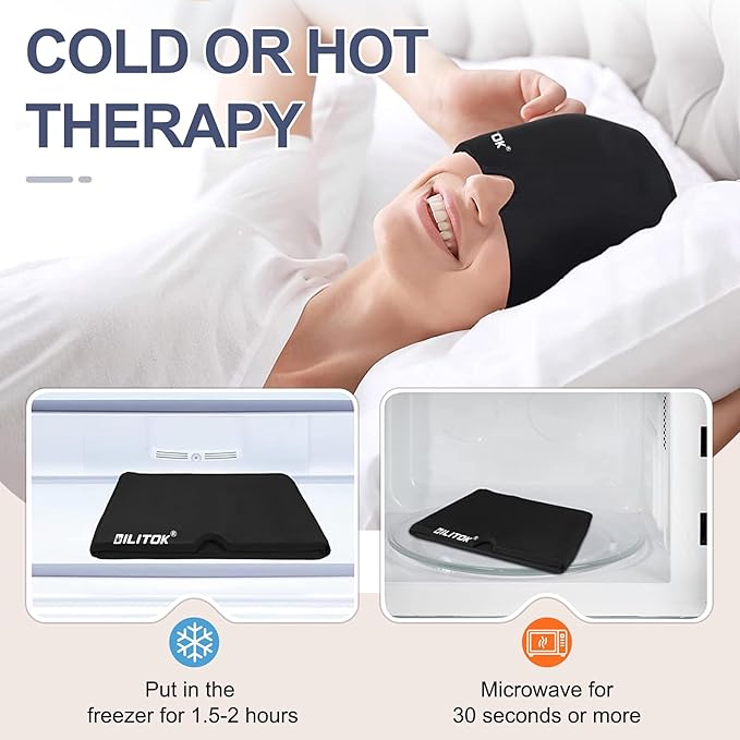 Migraine Relief Gel Ice Head Wrap, Hot and Cold Therapy Headache Relief Hat, Migraine Cap for Puffy Eyes, Headache Eyes Mask for Sinus, Tension and Stress Relief (Black & Blue)