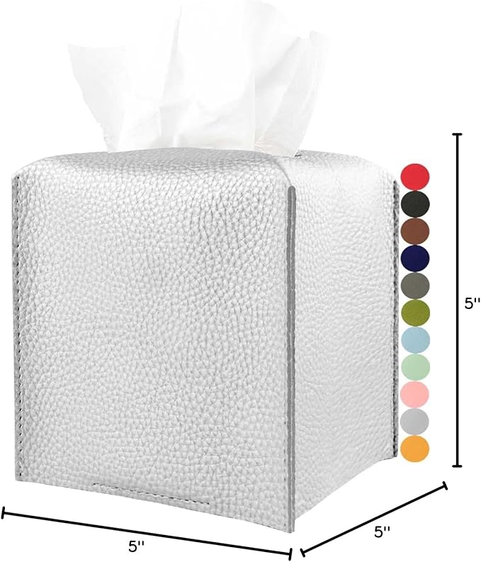 Silver Tissue Box Cover Leather – Square Tissue Box Holder with Bottom Belt by JESMINI, Modern PU Leather Cube Tissue Holder for Bathroom Vanity Countertop/Night Stands/Office