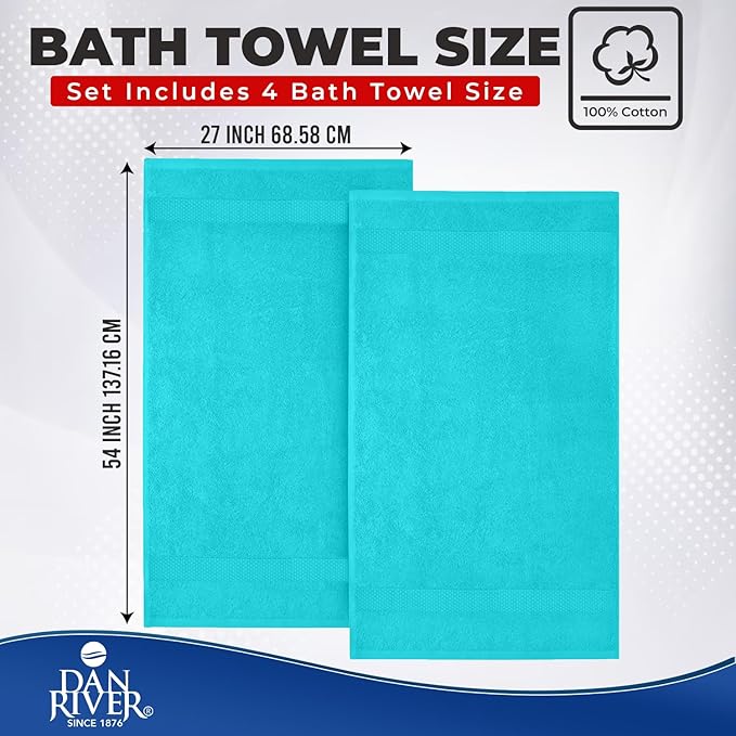 DAN RIVER Bath Towels Set of 4, 27 x 54 Inches, 100% Cotton, Larger & Lighter Weight, Quicker to Dry, Super Soft and Absorbent, Ideal Aqua Bath Towels for Daily Use