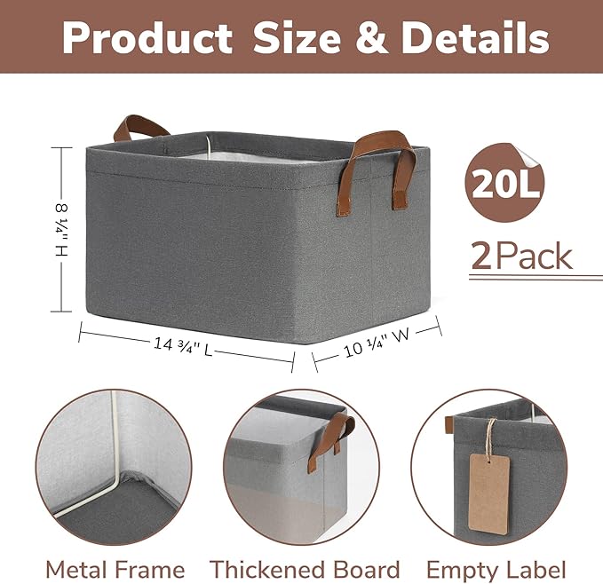 CHICVITA Storage Baskets for Organizing, Fabric Storage Bins for Clothes, Towels, Shoes, Closet Baskets for Bedroom Organizing, 14 ¾" L x 10 ¼" W x 8 ¼" H, Grey, 2-Pack