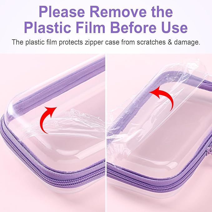 Hoolerry 4 Pcs Hard Clear Zipper Case Makeup Bags Plastic Zipper Pouch Transparent Storage Box Containers for Cosmetics, Snacks, Building Blocks, Puzzles(Clear,7.5 x 3.9 x 2 in,Purple)