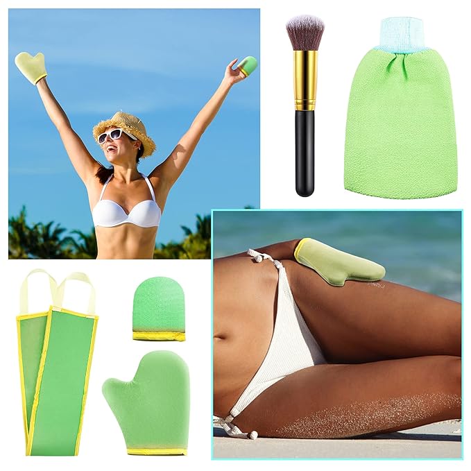 Boao 5 Pieces Self Tanning Mitt Applicator Kit, Includes Tanning Mitt, Exfoliating Glove, Mini Face Glove, Back Lotion Applicator, and Large Brush Makeup(Green)