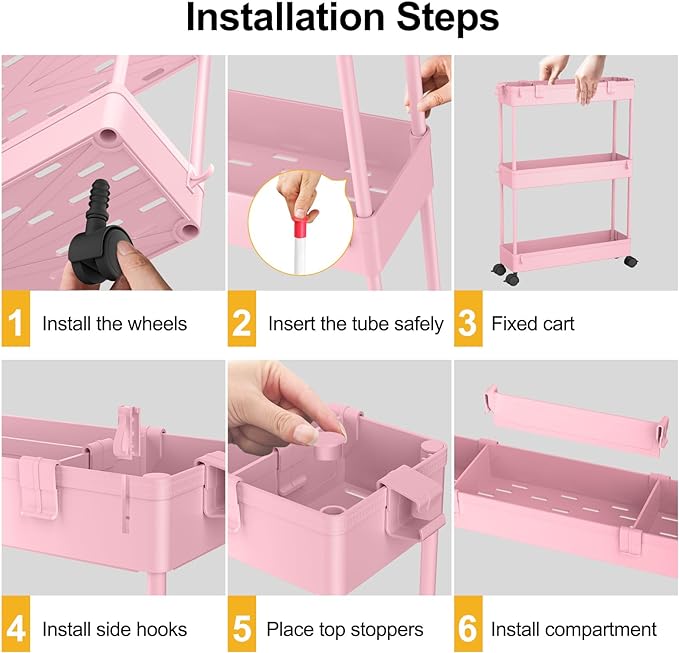 SPACELEAD Slim Storage Cart 3 Tier,Bathroom Organizer Rolling Utility,Mobile Shelving Unit Slide Out for Office, Kitchen, Laundry Room & Narrow Places,Pink