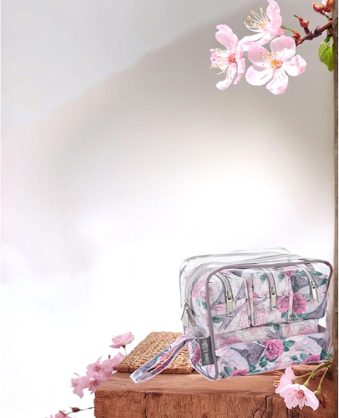 Emma & Chloe Travel Toiletry Bags for Women, 5 Piece Waterproof Cosmetic Case, Bag, Pouch Makeup Organizer Set for Women, Home Counters (Paris Rose Postcards)