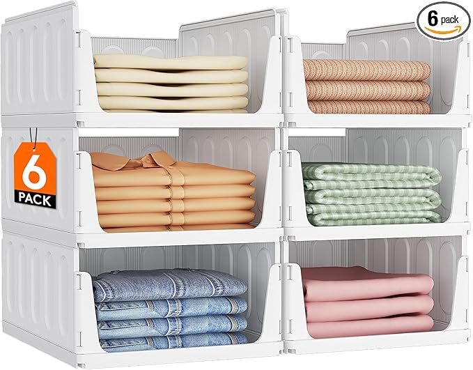Lifewit 6 Pack Stackable Closet Organizers and Storage Basket for Clothes, Plastic Sweater Storage Bins for Wardrobe, Multifunctional Pants Organizer for RV, Pantry, Bathroom, Kitchen, Dorm, 24L