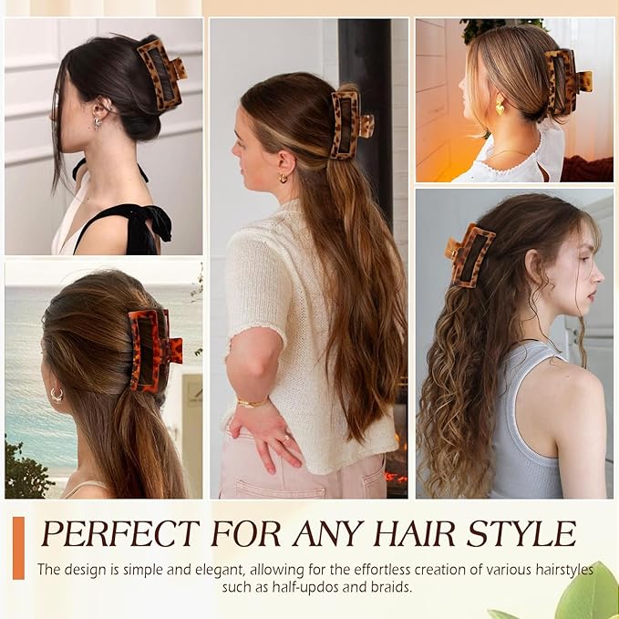 4 PCS 5 Inch Extra Large Claw Clips for Women, Tortoise Shell Jumbo Claw Clips for Thick Long Curly Hair, Oversized Matte Non-slip Rectangle, Durable Strong Hold Hair Clip,Non-slip Square Jaw Clip