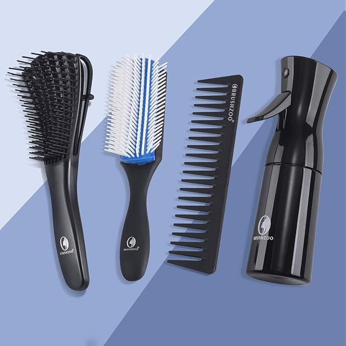 Hair Brush Set, Detangler Brush for Natural 3/4abc Curly Hair, Hair Brushes for Women Men Kids Detangling Styling with Spray Bottle (Blue)