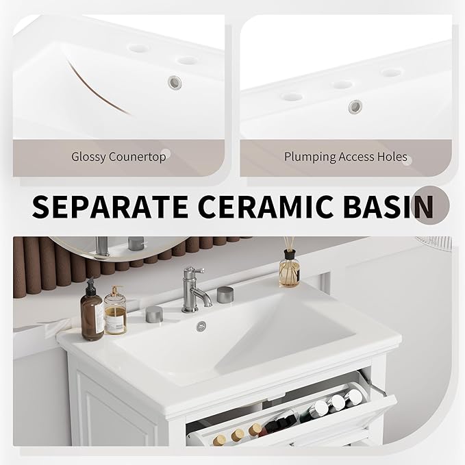 Harper & Bright Designs 24" Bathroom Vanity with Sink, Free Standing Single Basin Vanity Set with Tip-Out Drawer, 2 Drawers, and One Door, Wood Bathroom Cabinet with Ceramic Basin for Bathroom, White