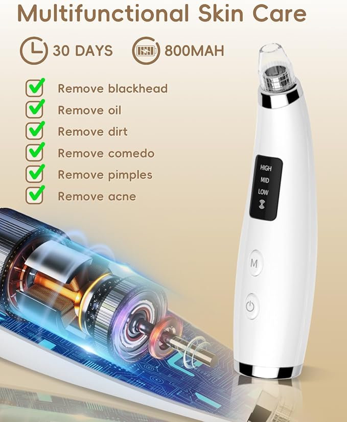 Rechargeable Blackhead Vacuum Pore Cleaner - 5 Attachments & 3 Suction Levels for Deep Facial Cleansing, USB-Powered Blackhead Remover for Women and Men (White)