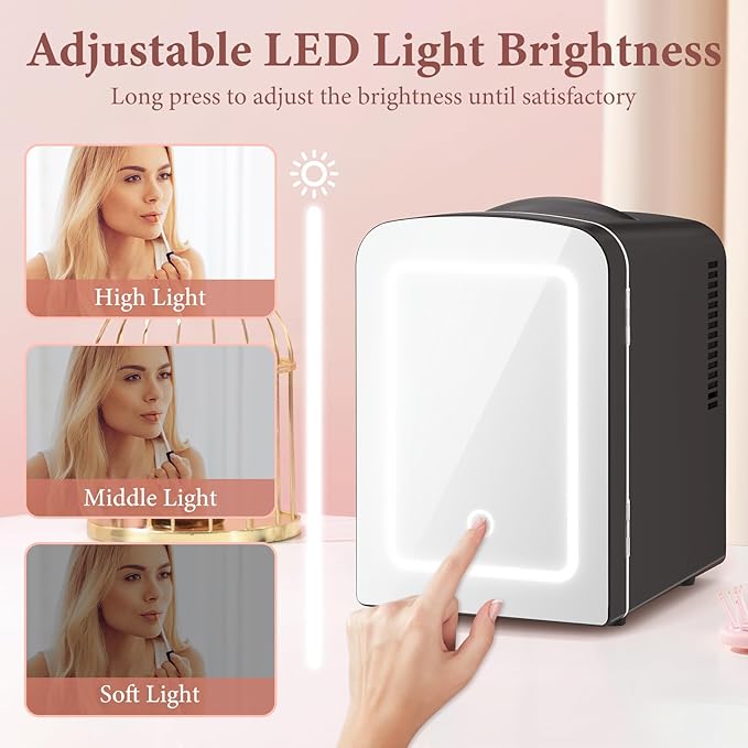 Xbeauty Skincare Mini Fridge With Dimmable LED Mirror, 4L Mini Refrigerator for SkinCare, Cosmetics, Food & Drinks, Portable Small Refrigerator for Bedroom, Dorm, Car, Office, Black