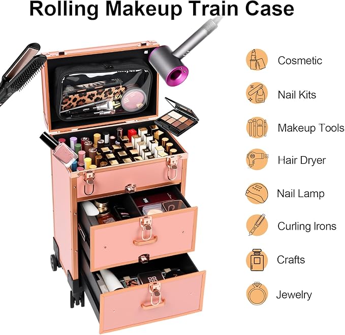 3 in 1 Rolling Makeup Case, Professional Cosmetology Case on Wheels, Detachable Clear Makeup Bag & Nail Polish Organizer, Portable Makeup Trolley with Drawers for Makeup Artists & Nail Technicians