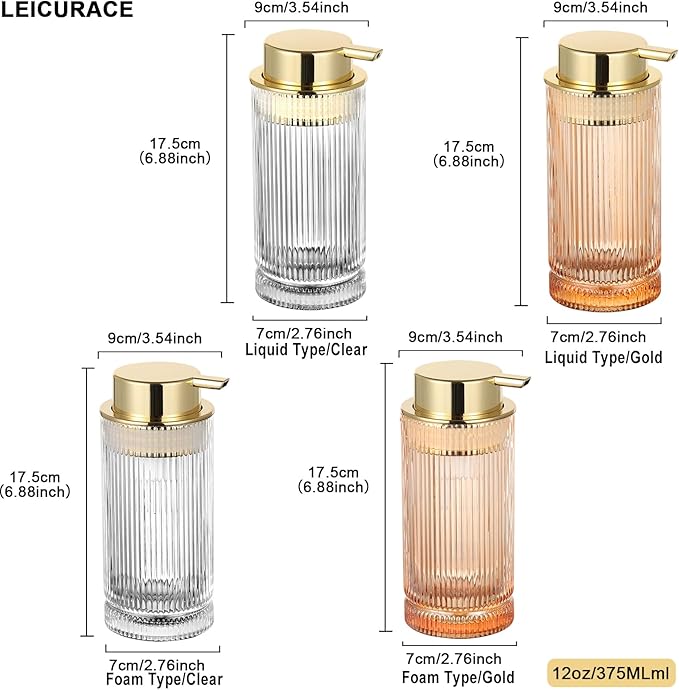 Glass Liquid Soap Dispenser, Refillable Liquid Dispenser with Gold Pump, Hand Soap Dispenser for Bathroom Kitchen, Modern Home Bathroom Kitchen Decor （Liquid Type/Gold）