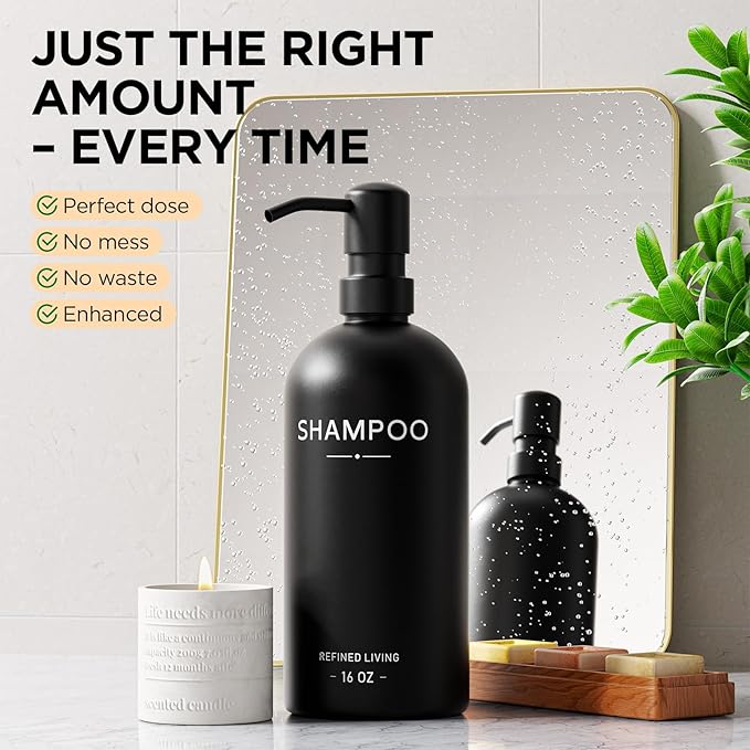 Shampoo and Conditioner Dispenser Set,3 Refillable 16oz Bottles with Stainless Steel Pumps – Shower Soap Dispensers for Bathroom, Hotel or Airbnb (Black, 3-Pack)
