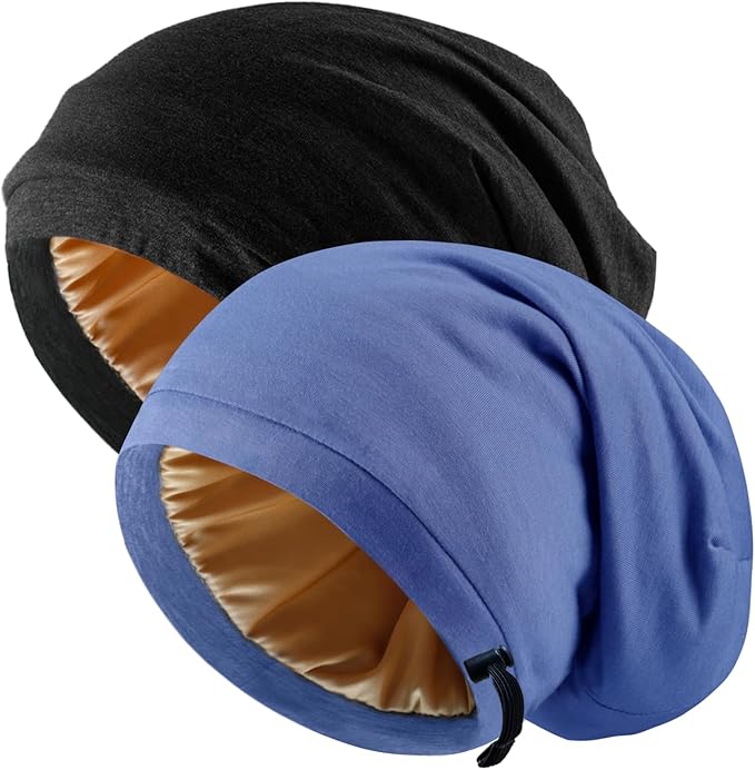 2 Pcs Adjustable Silk Hair Bonnet for Sleeping, Satin Lined Sleep Cap for Women and Men, Silk Hair Wrap Slouch Beanie.