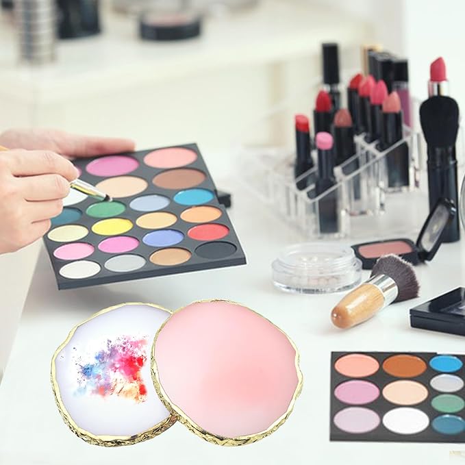 2Pcs Resin Nail Art Palette,Nail Polish Palette,Gold Edge Nails Holder Display Board,Cosmetic Mixing Tools for Nails Art(White,Pink)