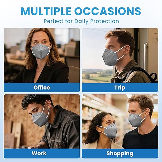 akgk KN95 Face Mask 50 PCS, Breathable Protection Masks, 5-Ply KN95 Grey Masks, Cup Dust Safety Masks