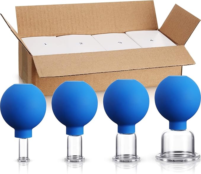4 Pieces Glass Cupping Set Glass Silicone Cupping Cups Massage Vacuum Suction Cupping Cups for Body Face Leg Arm Back Shoulder Muscle and Joint Pain (Blue)