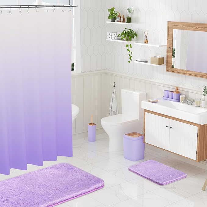 Bathroom Accessory Set–Bathroom Sets with Shower Curtain and Rugs, Non Slip Bathroom Rugs Super Absorbent, Light Purple Ombre Shower Curtain with Hooks, Lavender Bathroom Sets Complete for Home