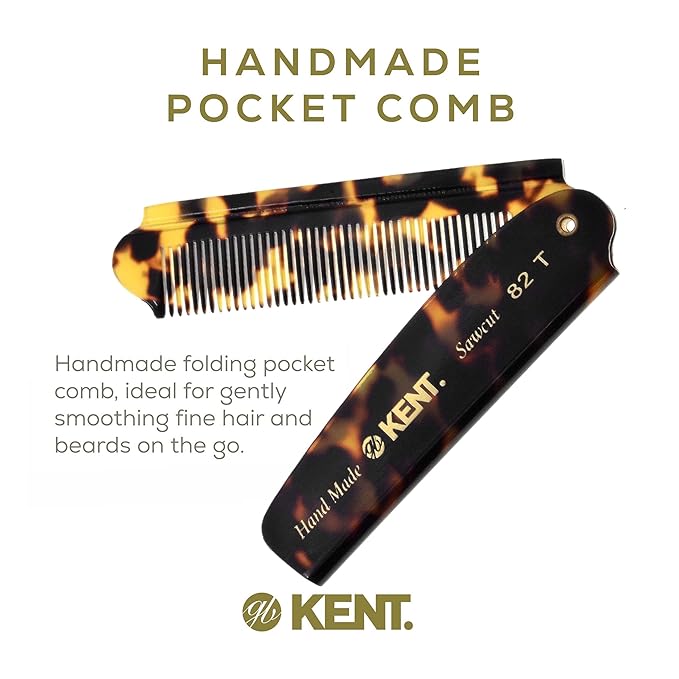 Kent 82T TY Handmade Folding Pocket Comb for Men, Fine Tooth Hair Comb Straightener for Everyday Grooming Styling Hair, Beard or Mustache, Use Dry or with Balms, Saw Cut Hand Polished, Made in England