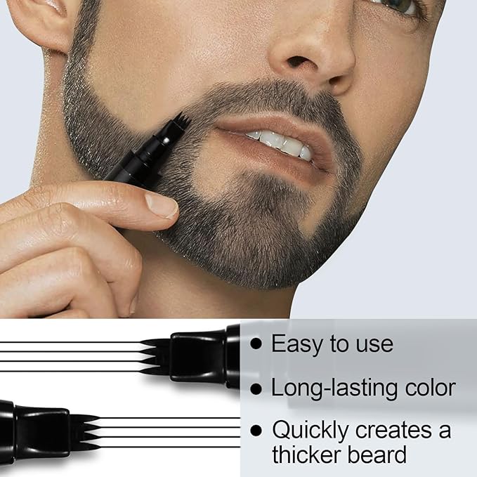 Beard Pen Filler Styling Kit for Men, 4-tip Beard Filler Pencil (Black), Soft Cotton Tip, Long Lasting Waterproof, Beard Stick Beard Shadow, Beard Shaping Tool for Hairline and Beard Fillers