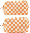 SxoSyo 2 Pcs Cosmetic Bags for Women Makeup Bag Purse Travel Toiletry Zipper Storage Pouch Make up Brushes Organizer for Gifts (Checkered, Orange 2)