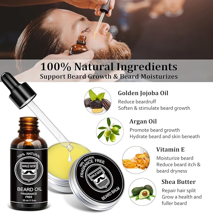 MALE GOD Beard Kit w/Natural Ingredients Beard Oil & Balm, Men's Care & Grooming Set w/Beard Brush & Comb, Anniversary | Birthday Gifts for Men, Him, Husband, Boyfriend, Dad