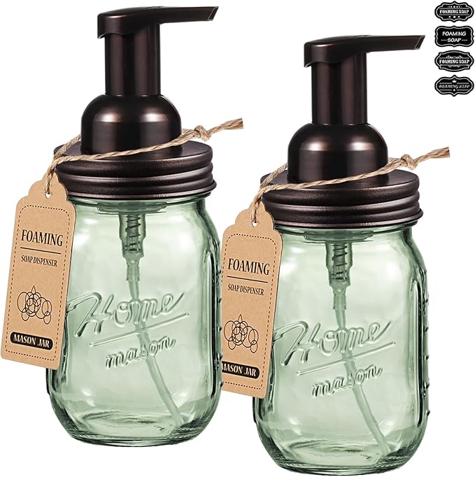 SheeChung Mason Jar Foaming Soap Dispenser, Stainless Steel Lid, Green Glass Foam Hand Soap Dispenser, 16 Oz Refillable Liquid Foam Dispenser Bottle for Bathroom Kitchen, Dish Soap-Bronze, 2 Pack