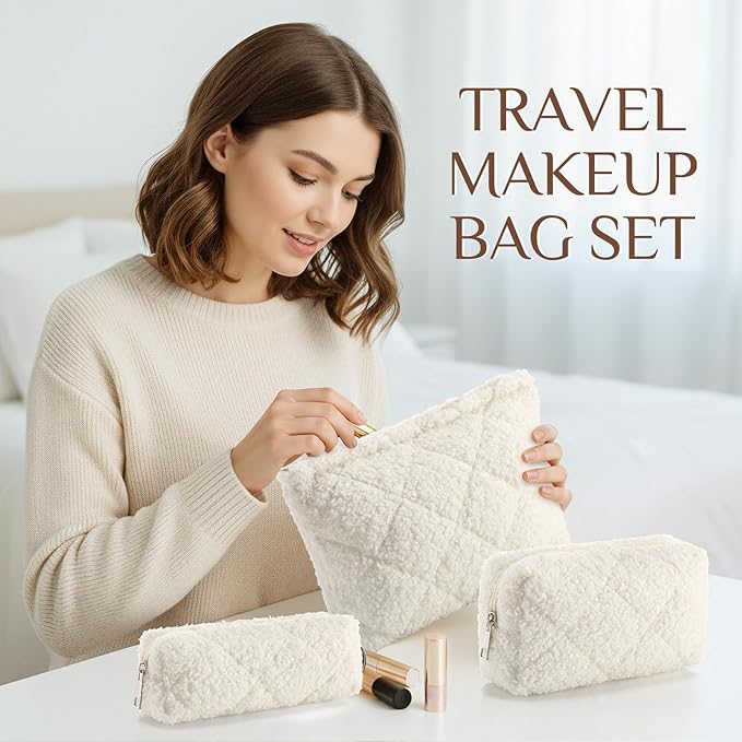 Paterr 3 Pcs Quilted Makeup Bag Set Small Bridesmaid Cosmetic Bag Aesthetic Travel Toiletry Pouch Cute Purse Pencil Case Makeup Storage Organizer for Women Birthday Gifts(Fuzzy,Cream White)