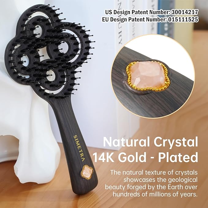 Simetra Detangler Hair Brush for Women and Men, Holiday Present - Original Detangling Brush for Curly Hair/Wet & Dry Hair, Natural Boar Bristles Hairbrush - Natural Crystal Inlay & 14K Gold Plating