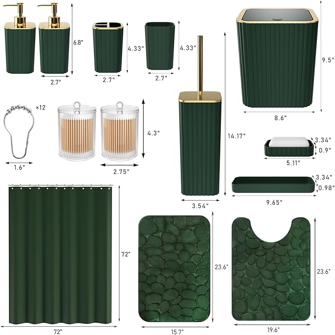 Bathroom Accessory Set - 25PC Green Bathroom Sets, Bathroom Set with Shower Curtain and Rugs, Dark Green Shower Curtain Set, Trash Can, Qtip Holder & Soap Dispenser