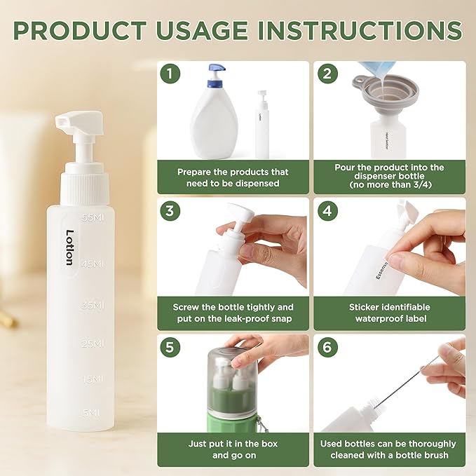 4-in-1 Travel Bottles for Toiletries, TSA Approved Travel Size Toiletries, Leak Proof Refillable Travel Size Shampoo and Conditioner Sets with Wall-Mountable Suction Cup, Green