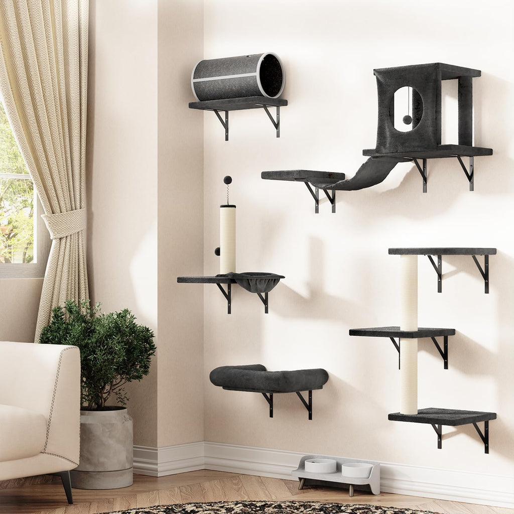 NUNU LAB 7-in-1 Wall Mounted Cat Climber Set, Cat Wall Furniture Set with House, Bridge, Steps, Scratcher Post, DIY Playground, Cat Wall Shelves - Dark Gray