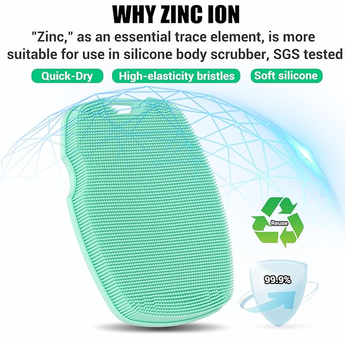 Silicone Body Scrubber - Anti Zinc Infused-Highly Elastic Bristles Exfoliating Body Scrubber for Shower Body,Cellulite Reduction,Blood Circulation - Green
