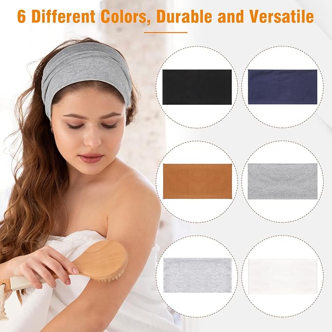 6 Pack Wide Sports Headbands, Non Slip Head Bands for Women's Hair Cotton Stretchy Hair Bands for Women Girls (Width 4.7 inches)