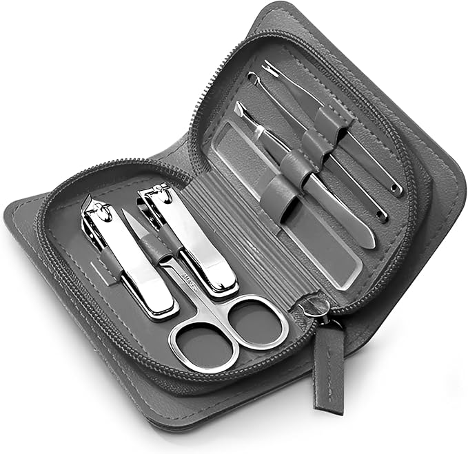 Nail Clipper Set for Purse, Manicure Kit Professional for Men & Women, 7-Piece Carbon Steel Pedicure Grooming Kit, Portable Nail Clipper Kit Travel Size, Gray
