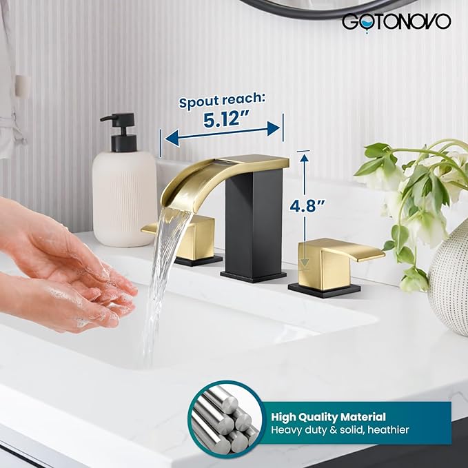 gotonovo Waterfall 8 inch Widespread Bathroom Faucet Set Bathroom Sink Faucet 3 Hole 2 Handle Vanity Lavatory Deck Mount with Pop Up Drain and Water Supply Lines Square Body Gold and Matte Black