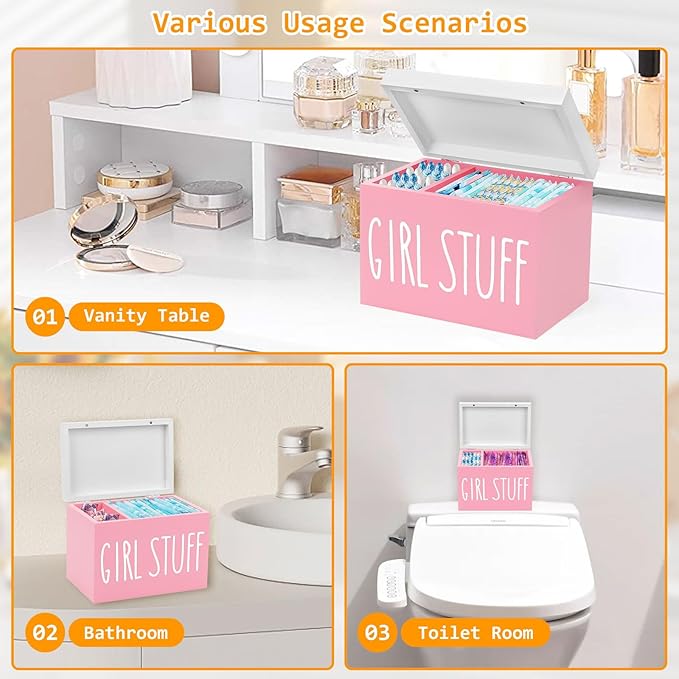 Tampon Holder for Bathroom, Feminine Product Organizer Pad Case Holder with Lid Feminine Hygiene Pad and Tampon Period Organizer for Bathroom Accessories Box Girl Stuff (Pink)