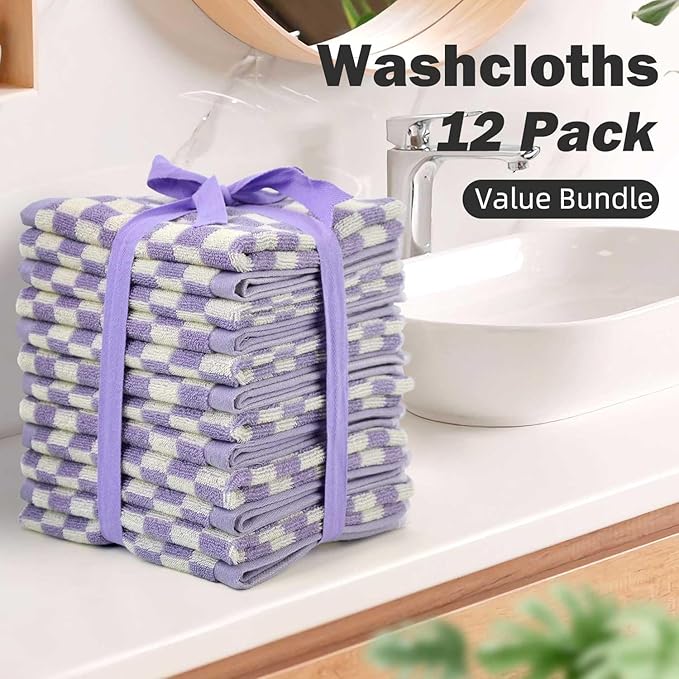 Jacquotha Cotton Washcloth 12 Pack (Lilac Checkered), Soft Absorbent Washcloths Facecloth, Cotton Face Towels Set for Body Showering 13x13 Inches, Gifts