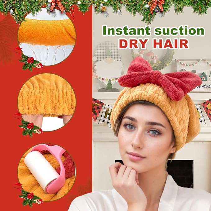 2PCS Microfiber Hair Drying Caps, Christmas Absorbent Hair Towel Wrap for Women Wet Hair Quick-Drying Hair Towels, Soft Bow Tie Wet Hair Towel Wrap for Party Favors Goody Bag Filler (Pink+Blue)